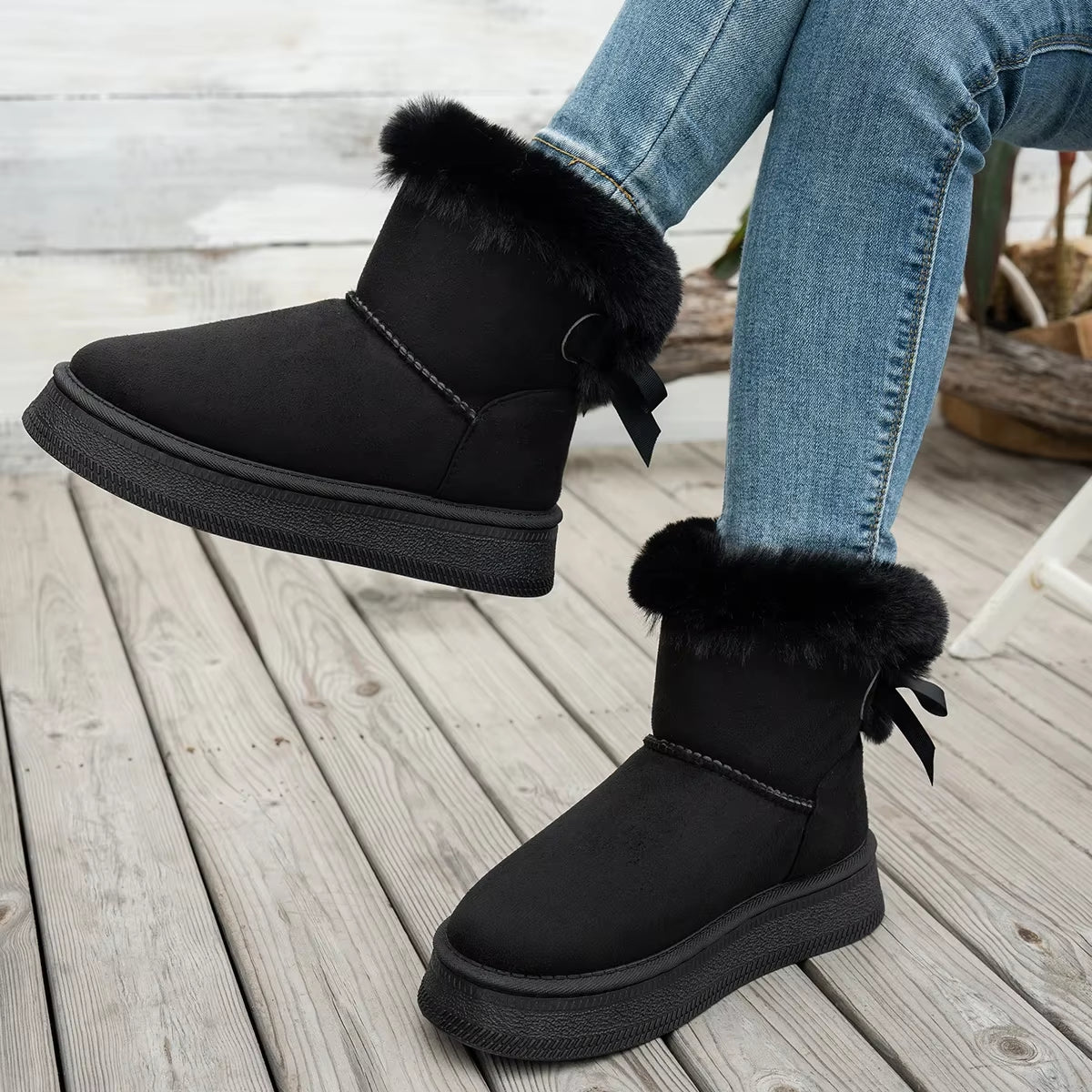2025 New Women Boots Flat Wear-Resistant Soft Students plus Velvet Warm Women Shoes Fashion Bow round Toe Elegant Snow Boots