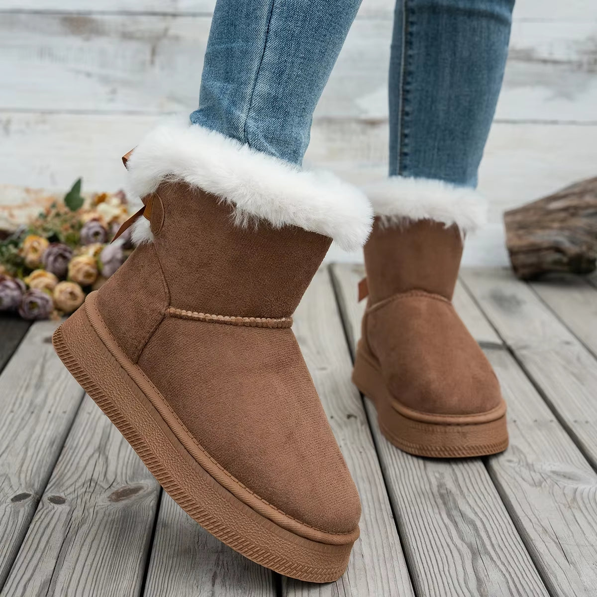 2025 New Women Boots Flat Wear-Resistant Soft Students plus Velvet Warm Women Shoes Fashion Bow round Toe Elegant Snow Boots