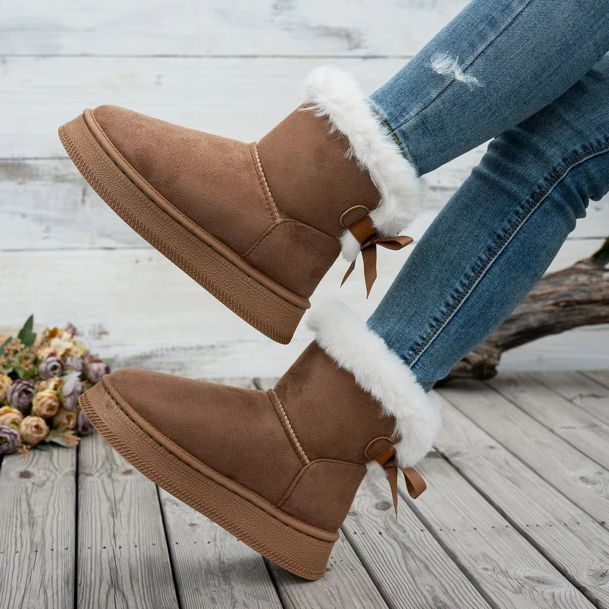 2025 New Women Boots Flat Wear-Resistant Soft Students plus Velvet Warm Women Shoes Fashion Bow round Toe Elegant Snow Boots
