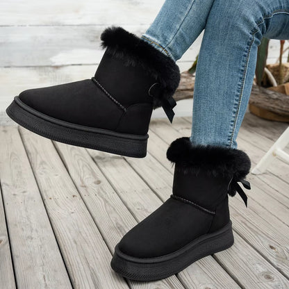 2025 New Women Boots Flat Wear-Resistant Soft Students plus Velvet Warm Women Shoes Fashion Bow round Toe Elegant Snow Boots