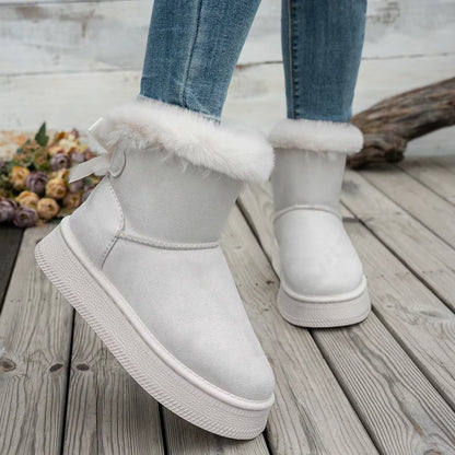 2025 New Women Boots Flat Wear-Resistant Soft Students plus Velvet Warm Women Shoes Fashion Bow round Toe Elegant Snow Boots