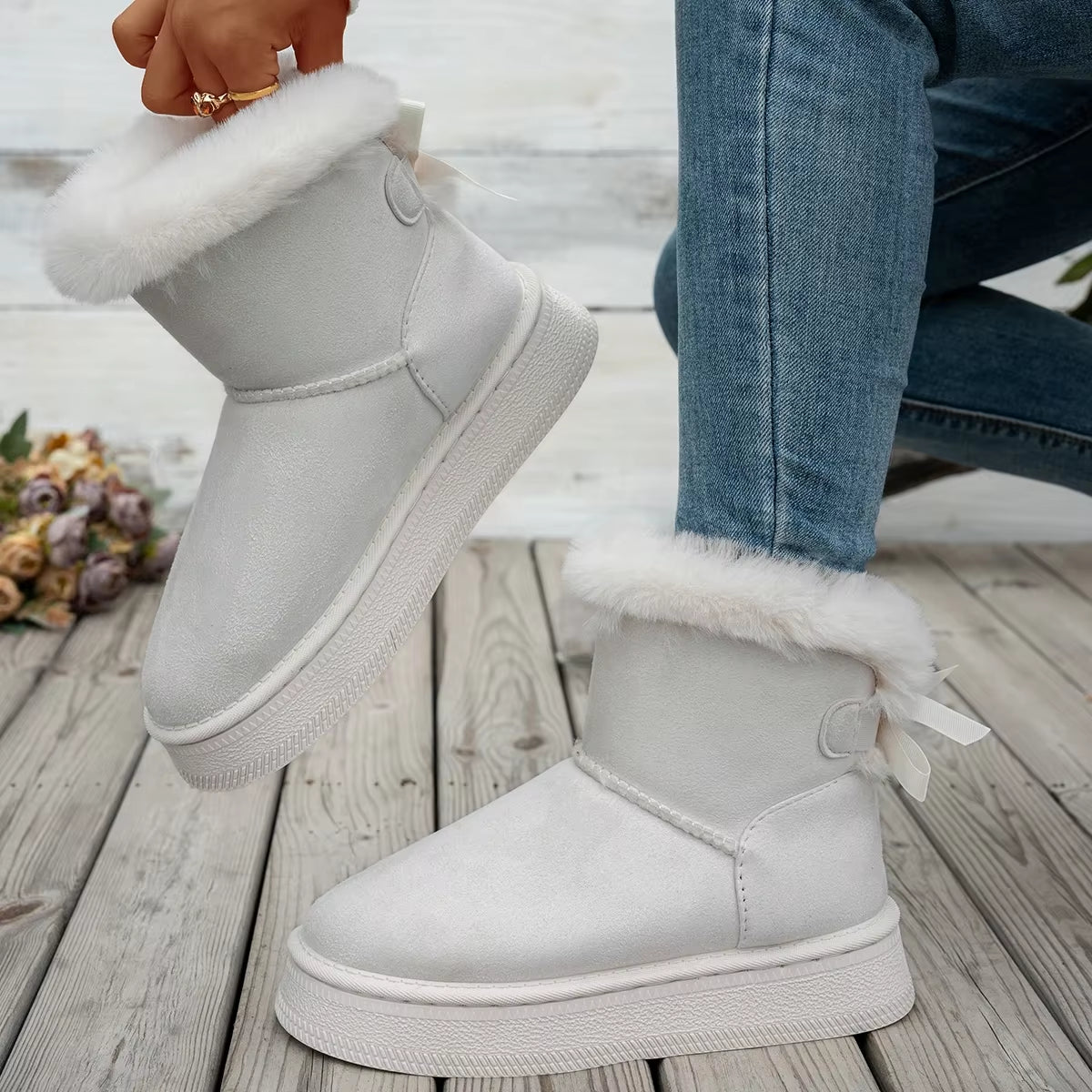 2025 New Women Boots Flat Wear-Resistant Soft Students plus Velvet Warm Women Shoes Fashion Bow round Toe Elegant Snow Boots